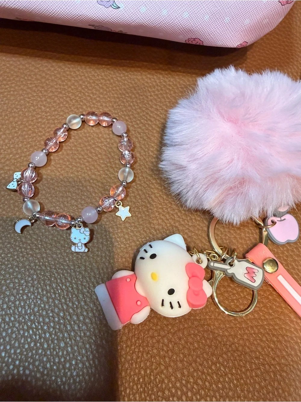 Hello Kitty Pink Crossbody Bag with Pom Pom Keychain Set and bracelet new
